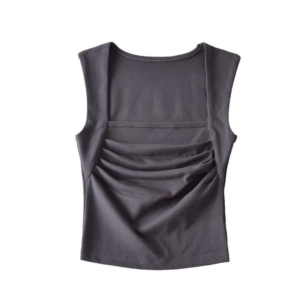 Low-cut Square Collar Slim Pleated Short Sleeveless Top Dark Gray, Small──★